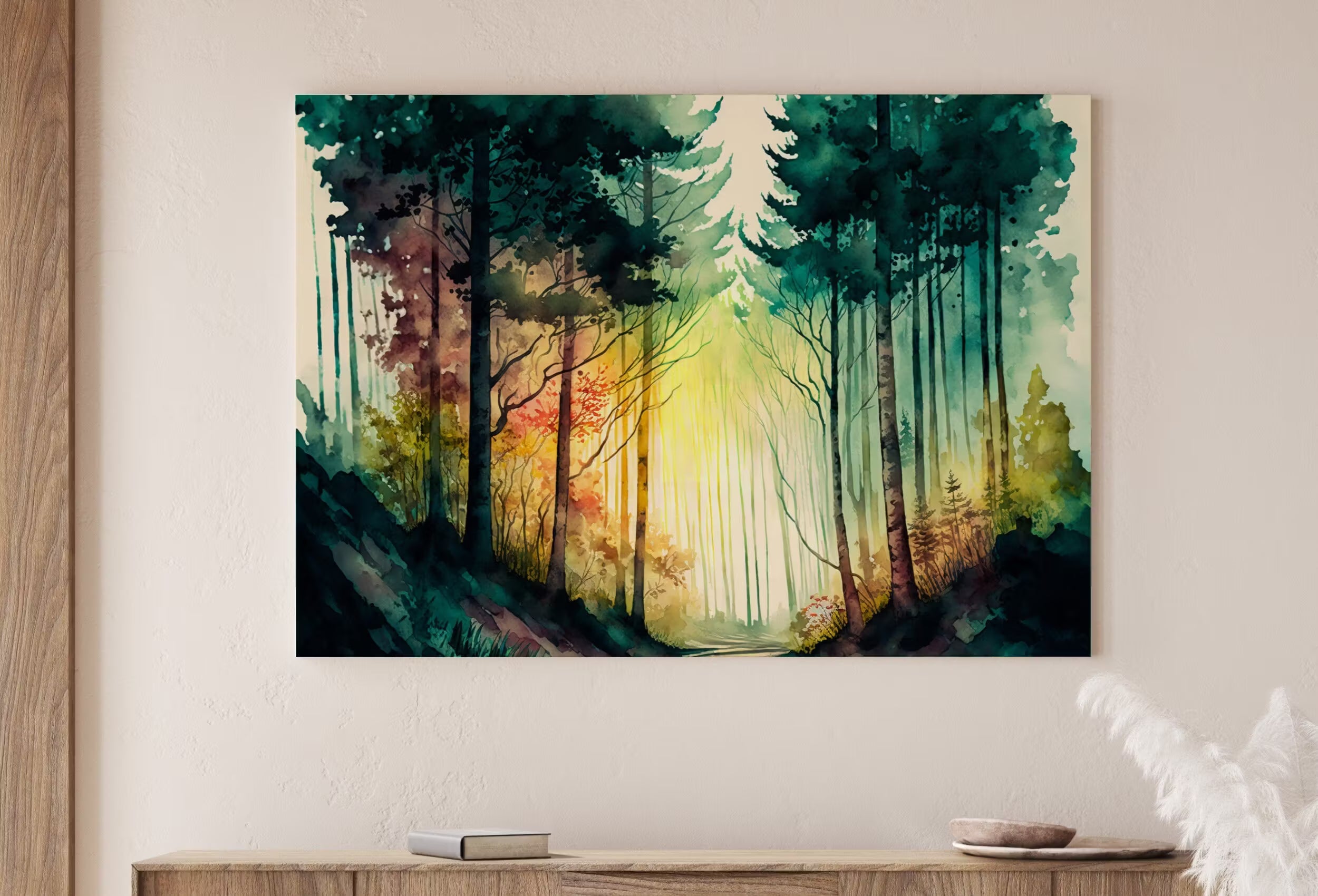 Mountain Forest Art. Watercolor Forest Landscape Printable Wall Art. Green Forest Trees Painting. Digital Art. Nature Decor