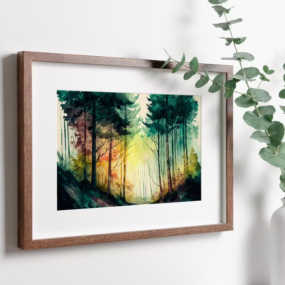 Mountain Forest Art. Watercolor Forest Landscape Printable Wall Art. Green Forest Trees Painting. Digital Art. Nature Decor