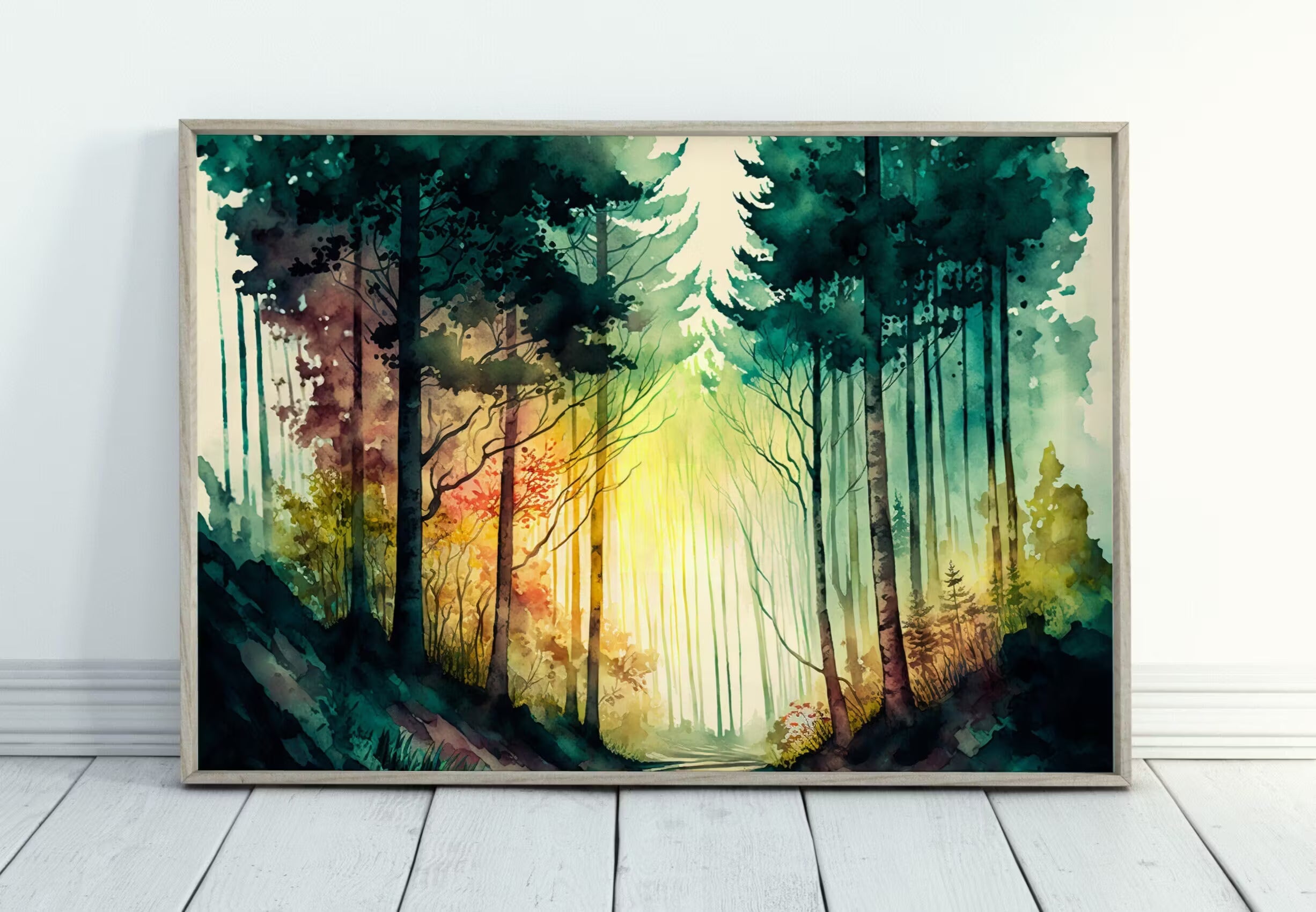 Mountain Forest Art. Watercolor Forest Landscape Printable Wall Art. Green Forest Trees Painting. Digital Art. Nature Decor