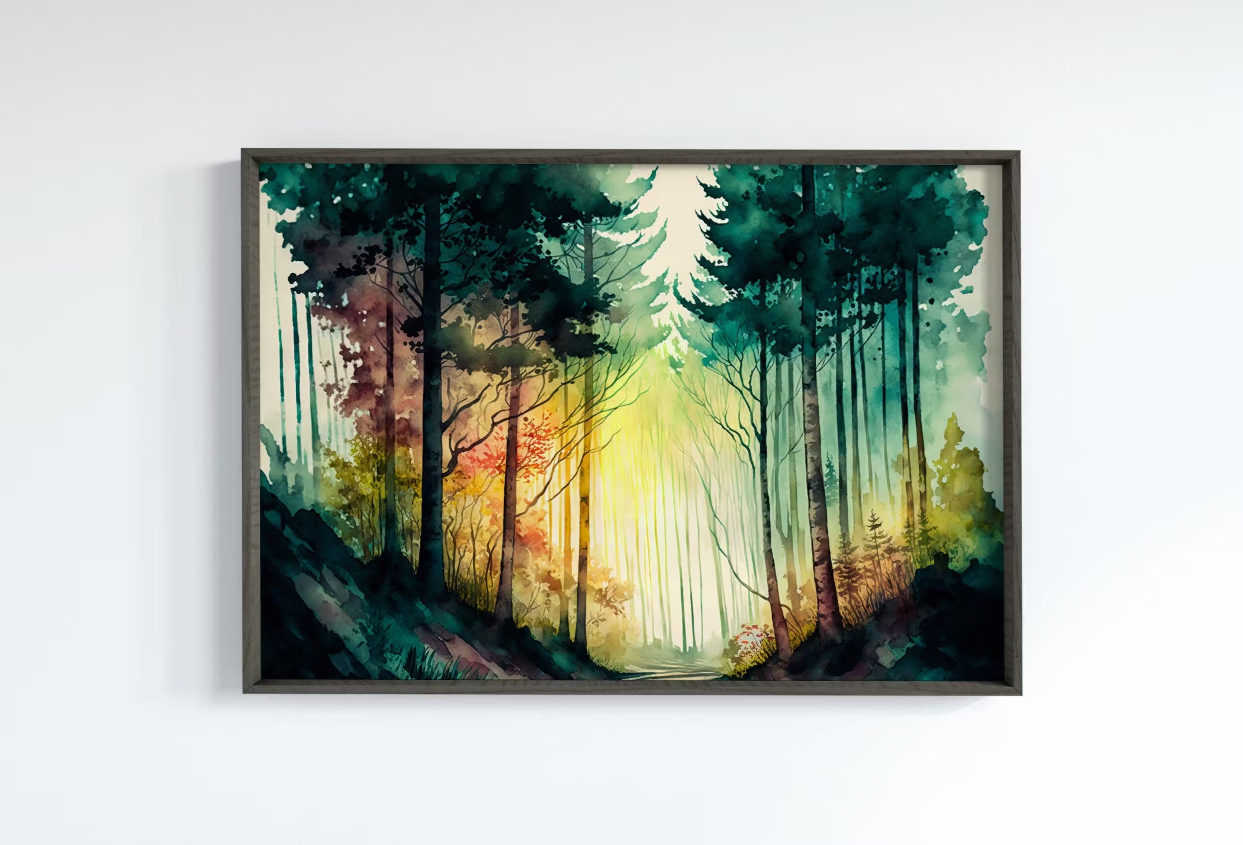 Mountain Forest Art. Watercolor Forest Landscape Printable Wall Art. Green Forest Trees Painting. Digital Art. Nature Decor