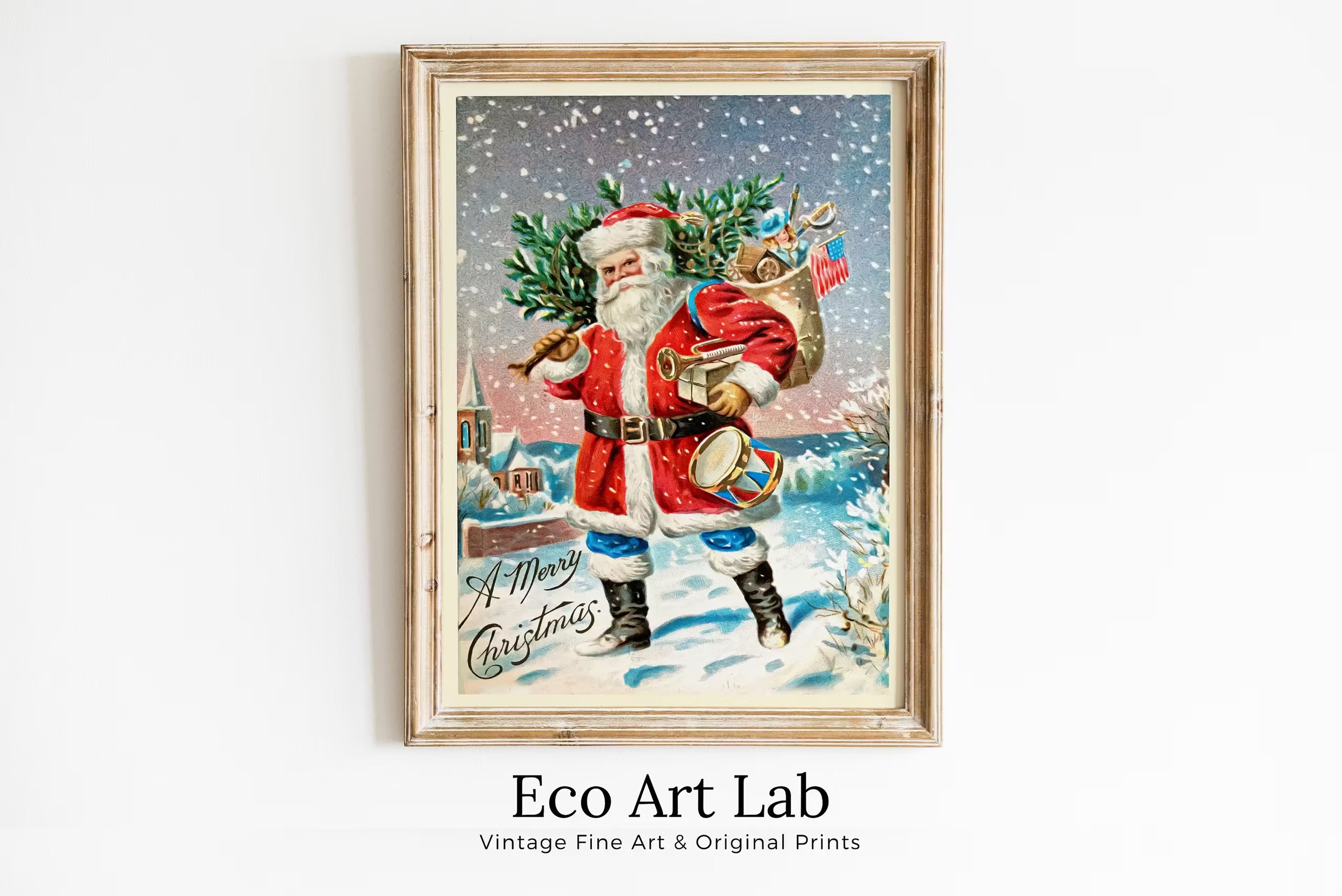 Vintage Santa In the Snow Delivering Toys - Printable Art