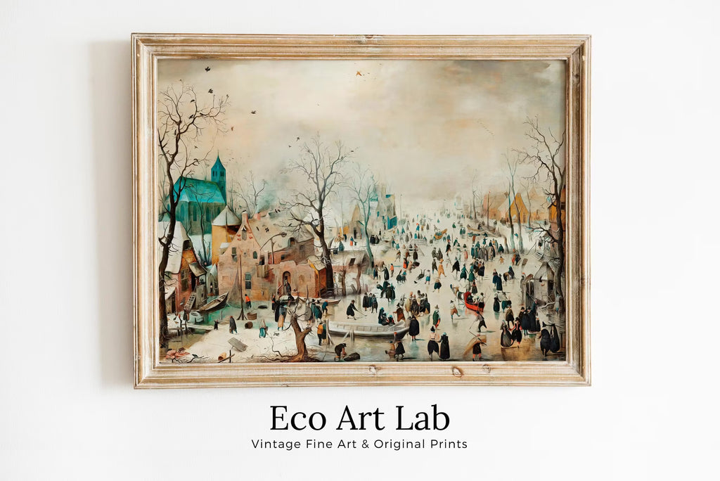 Vintage Winter Landscape w/ Ice Skaters Painting. Antique Holiday PRINTABLE Art Print. Instant Download Winter Scene. Country Landscape Art