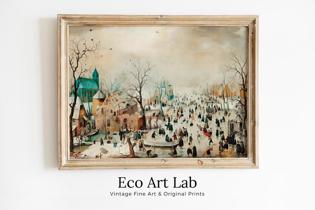 Vintage Winter Landscape w/ Ice Skaters Painting. Antique Holiday PRINTABLE Art Print. Instant Download Winter Scene. Country Landscape Art