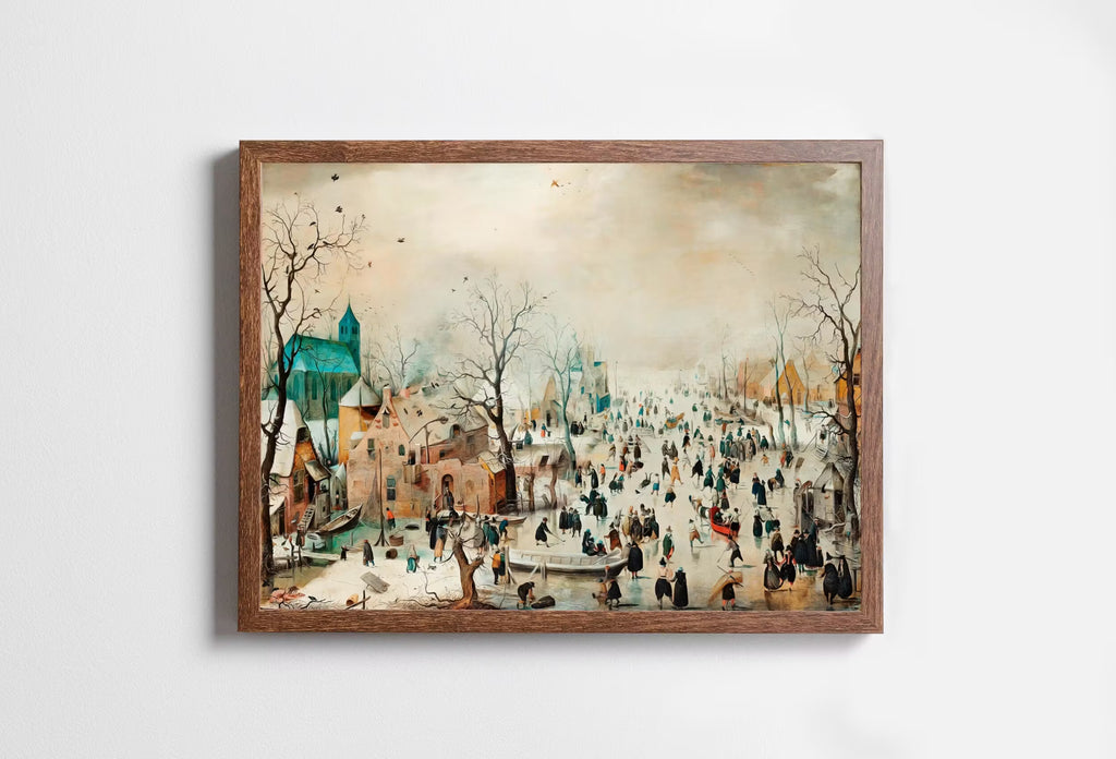 Vintage Winter Landscape w/ Ice Skaters Painting. Antique Holiday PRINTABLE Art Print. Instant Download Winter Scene. Country Landscape Art