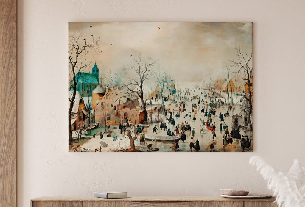 Vintage Winter Landscape w/ Ice Skaters Painting. Antique Holiday PRINTABLE Art Print. Instant Download Winter Scene. Country Landscape Art