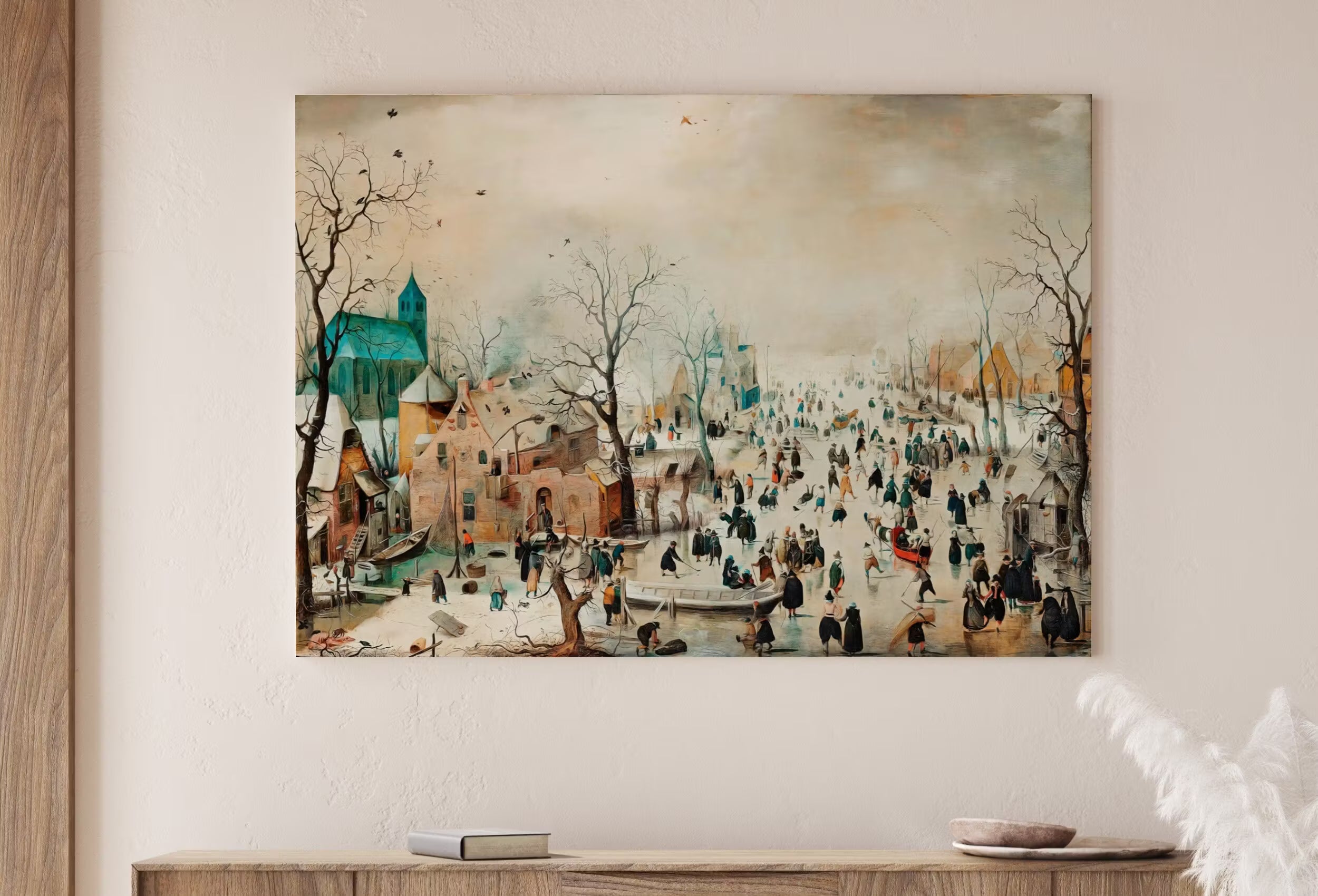 Vintage Winter Landscape w/ Ice Skaters Painting. Antique Holiday PRINTABLE Art Print. Instant Download Winter Scene. Country Landscape Art