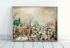 Vintage Winter Landscape w/ Ice Skaters Painting. Antique Holiday PRINTABLE Art Print. Instant Download Winter Scene. Country Landscape Art