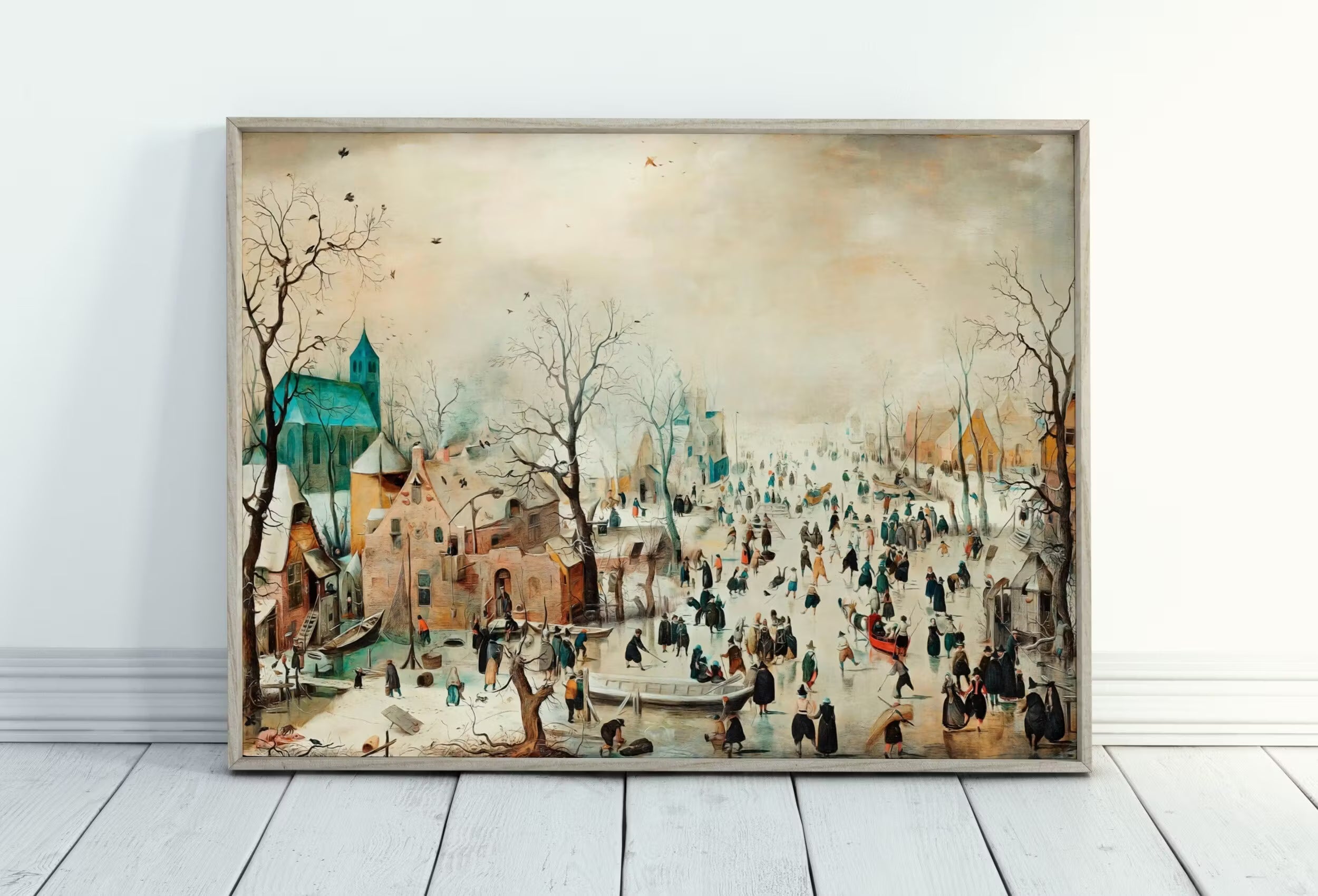Vintage Winter Landscape w/ Ice Skaters Painting. Antique Holiday PRINTABLE Art Print. Instant Download Winter Scene. Country Landscape Art