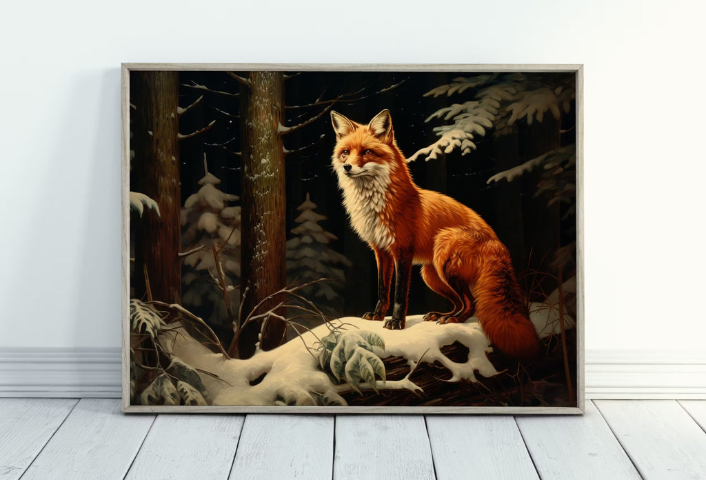 Fox in Snowy Forest Print. Printable Wall Art