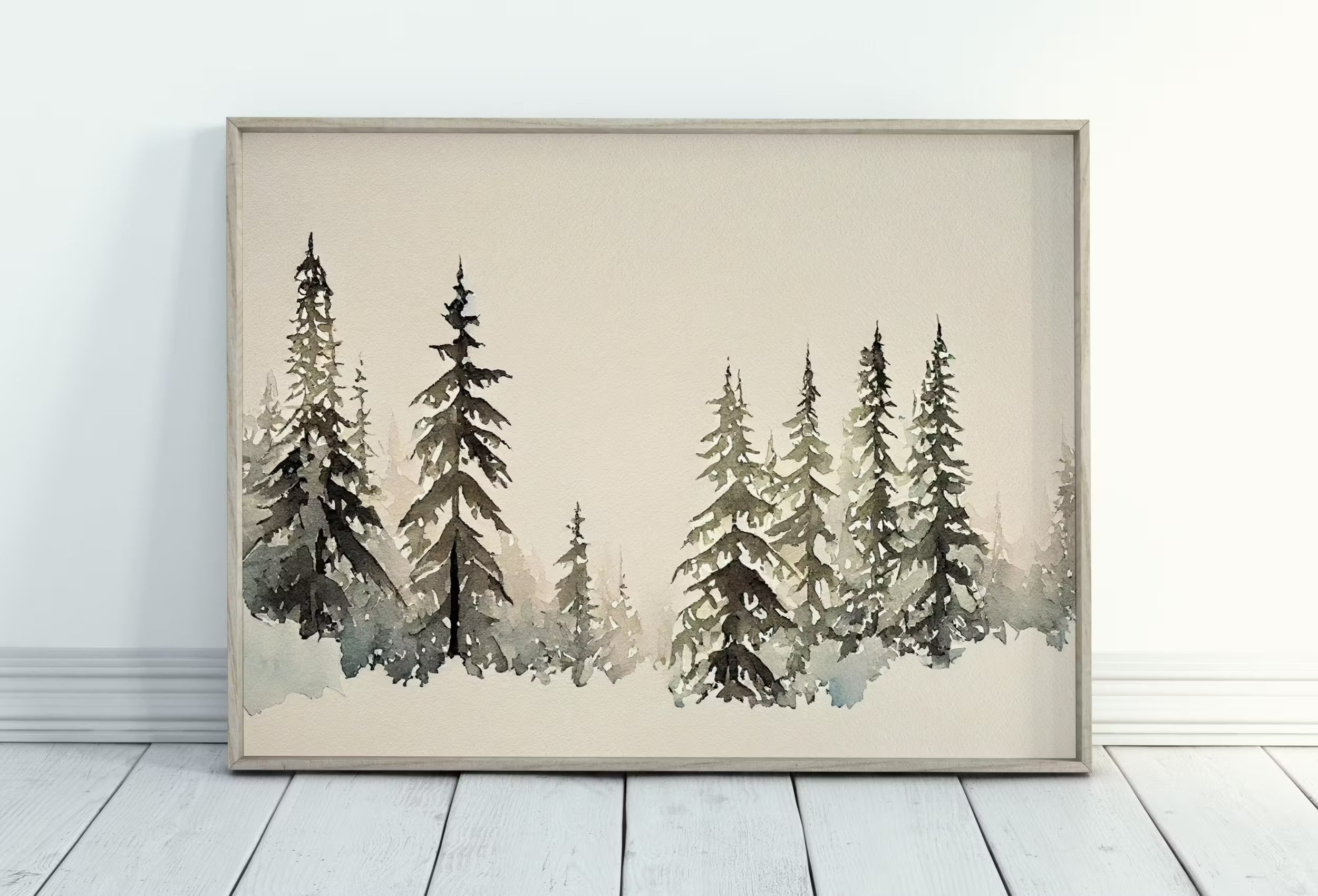 Minimalist Watercolor Winter Landscape Painting. Winter Painting Print. Snowy Winter Trees Printable Wall Art. Christmas Wall Art. Download