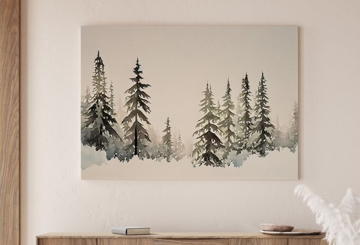 Minimalist Watercolor Winter Landscape Painting. Winter Painting Print. Snowy Winter Trees Printable Wall Art. Christmas Wall Art. Download