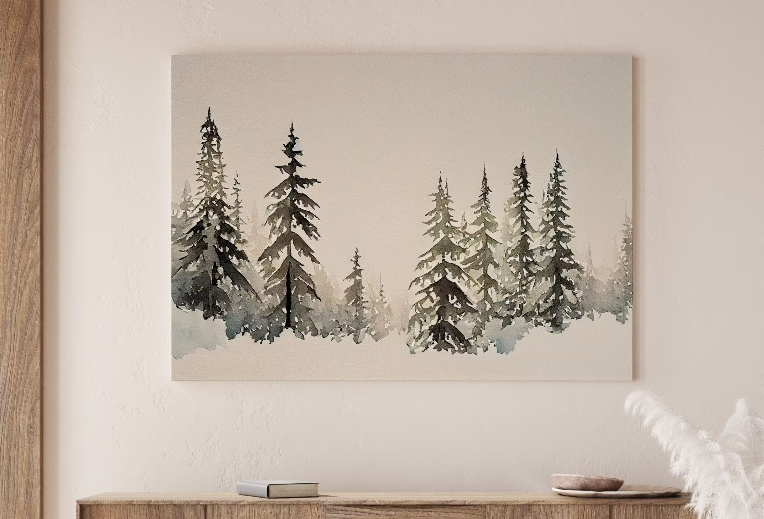 Minimalist Watercolor Winter Landscape Painting. Winter Painting Print. Snowy Winter Trees Printable Wall Art. Christmas Wall Art. Download