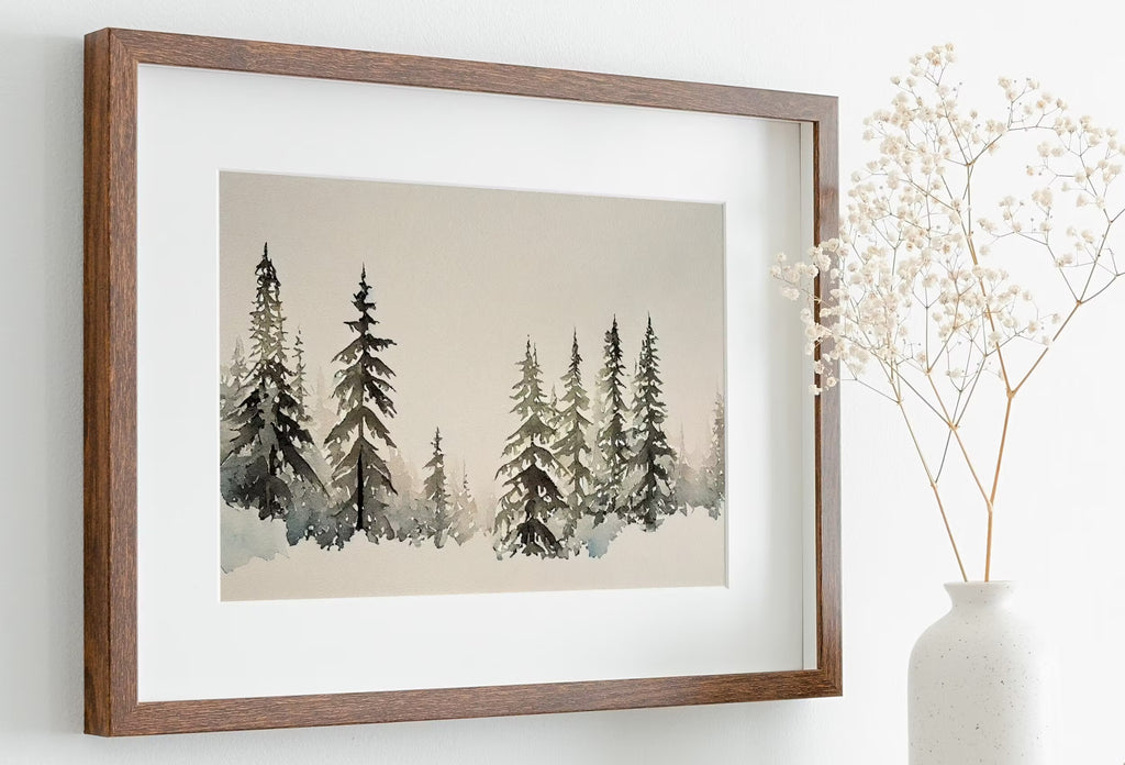 Minimalist Watercolor Winter Landscape Painting. Winter Painting Print. Snowy Winter Trees Printable Wall Art. Christmas Wall Art. Download