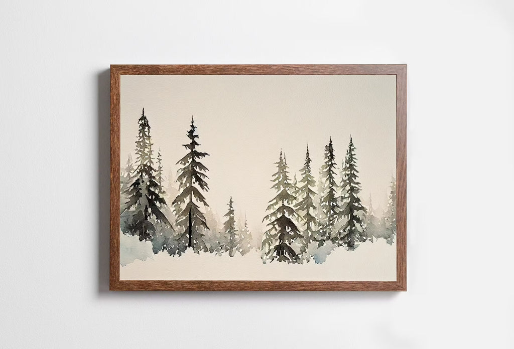 Minimalist Watercolor Winter Landscape Painting. Winter Painting Print. Snowy Winter Trees Printable Wall Art. Christmas Wall Art. Download