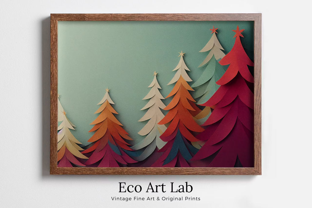 Paper Christmas Trees Print. Colorful Holiday Wall Art. Christmas Printable Holiday Decor. Instant Download Christmas Sign. Christmas Poster