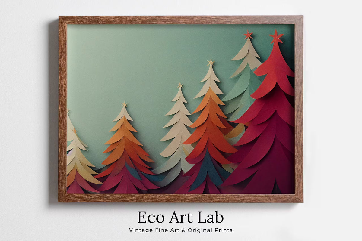 Paper Christmas Trees Print. Colorful Holiday Wall Art. Christmas Printable Holiday Decor. Instant Download Christmas Sign. Christmas Poster