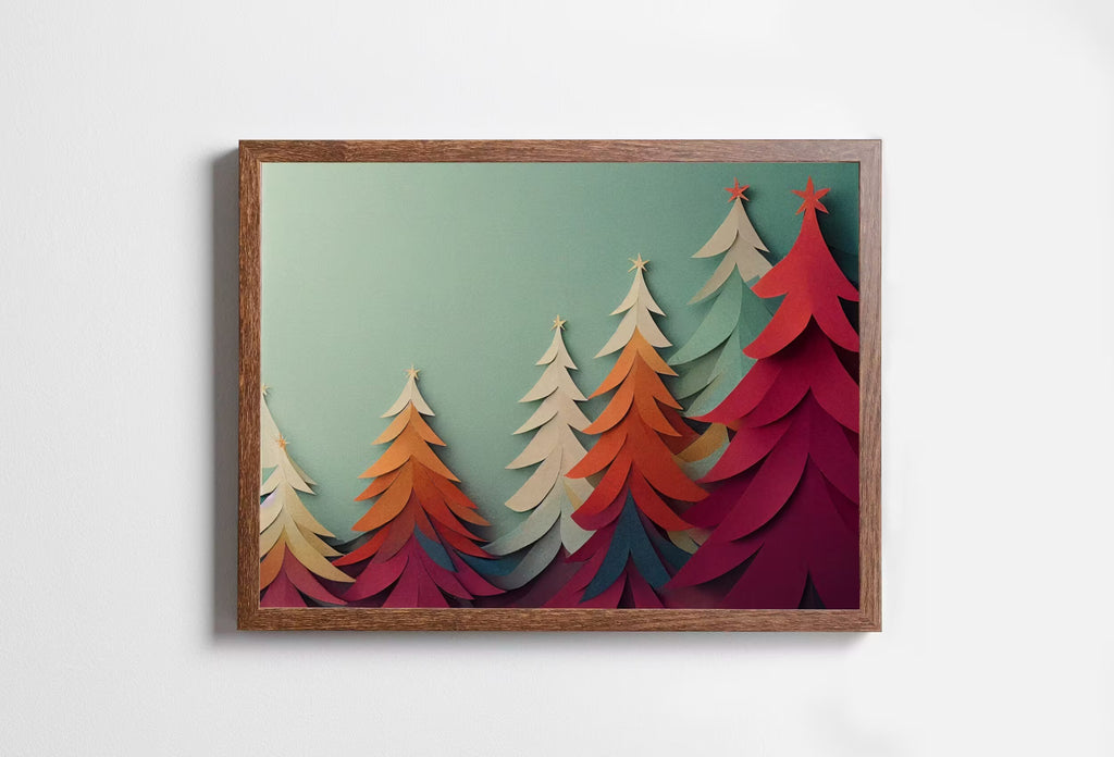 Paper Christmas Trees Print. Colorful Holiday Wall Art. Christmas Printable Holiday Decor. Instant Download Christmas Sign. Christmas Poster