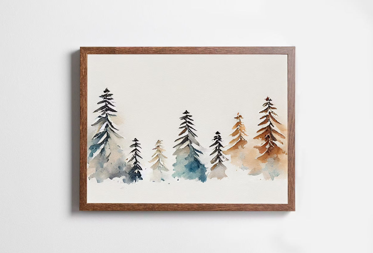 Snowy Winter Trees Minimalist Watercolor Painting