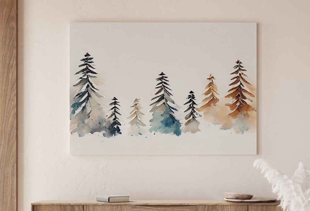 Snowy Winter Trees Minimalist Watercolor Painting