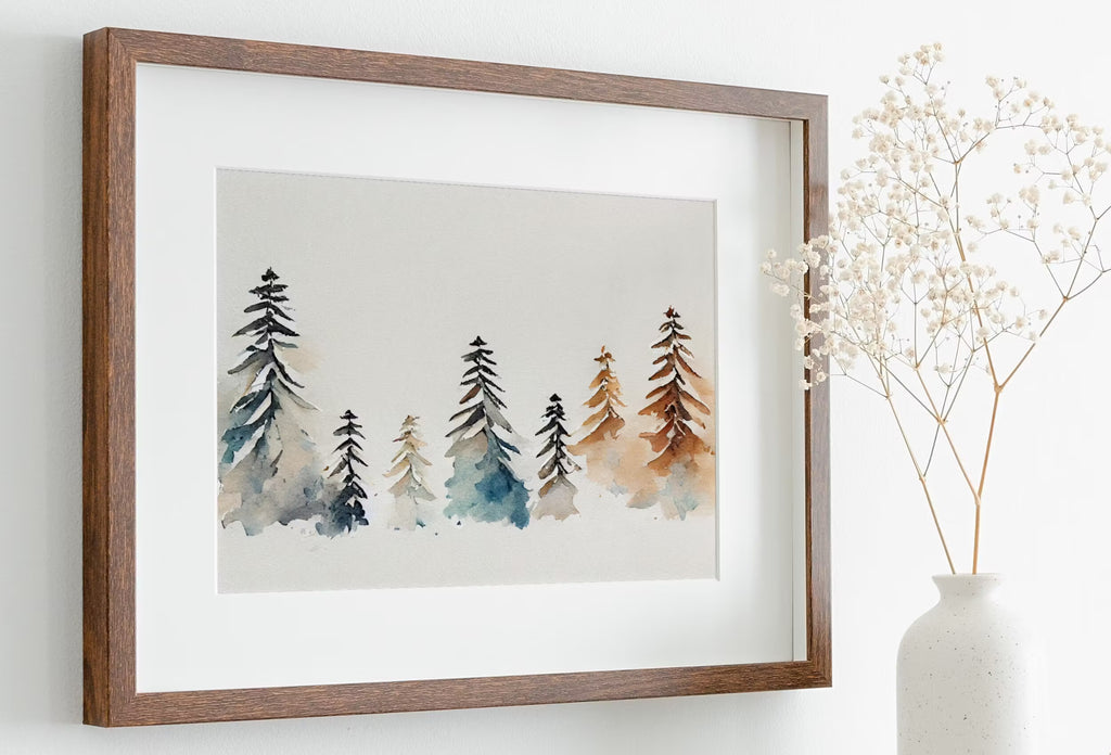 Snowy Winter Trees Minimalist Watercolor Painting