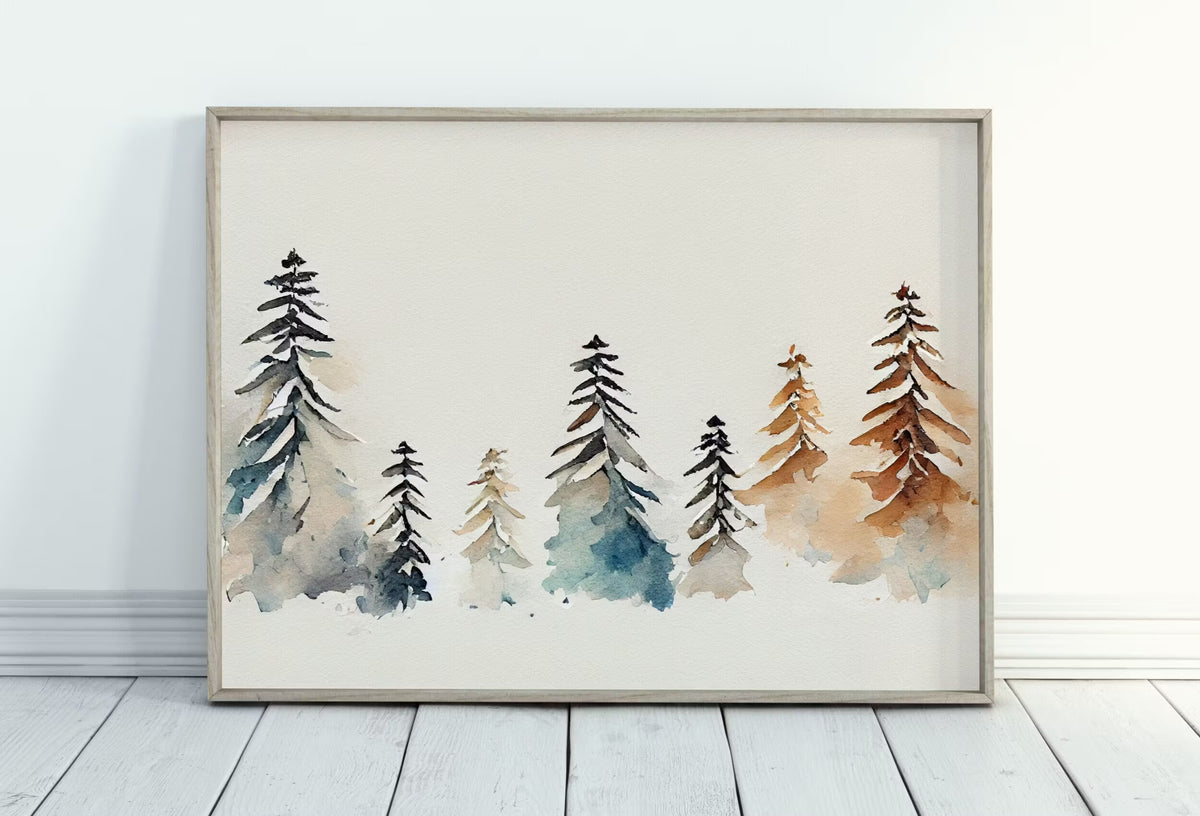 Snowy Winter Trees Minimalist Watercolor Painting