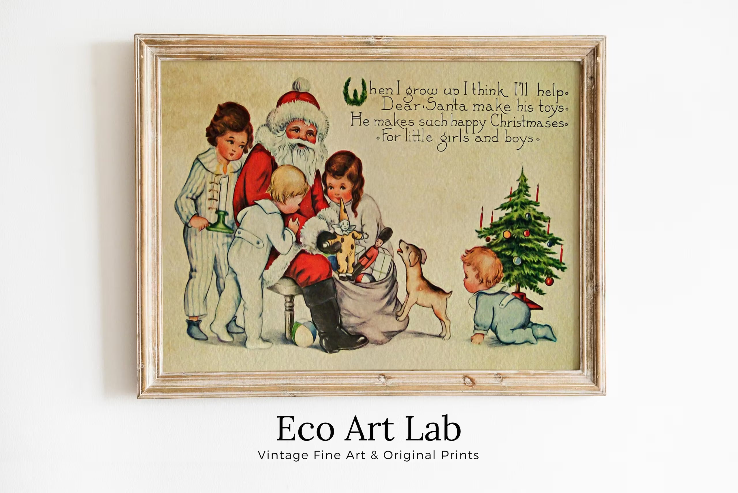 Vintage Christmas Card of Santa Claus and Kids Illustration