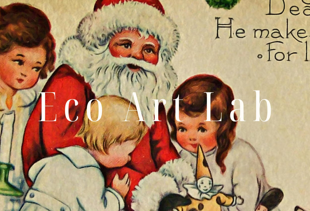 Vintage Christmas Card of Santa Claus and Kids Illustration