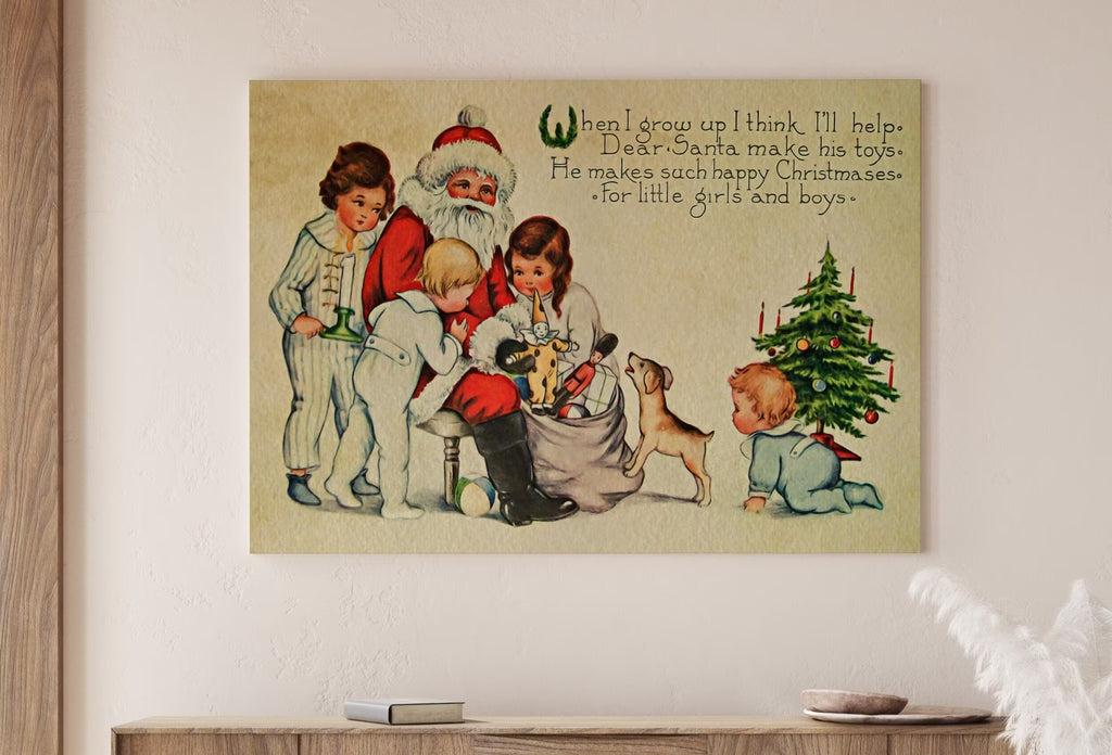 Vintage Christmas Card of Santa Claus and Kids Illustration