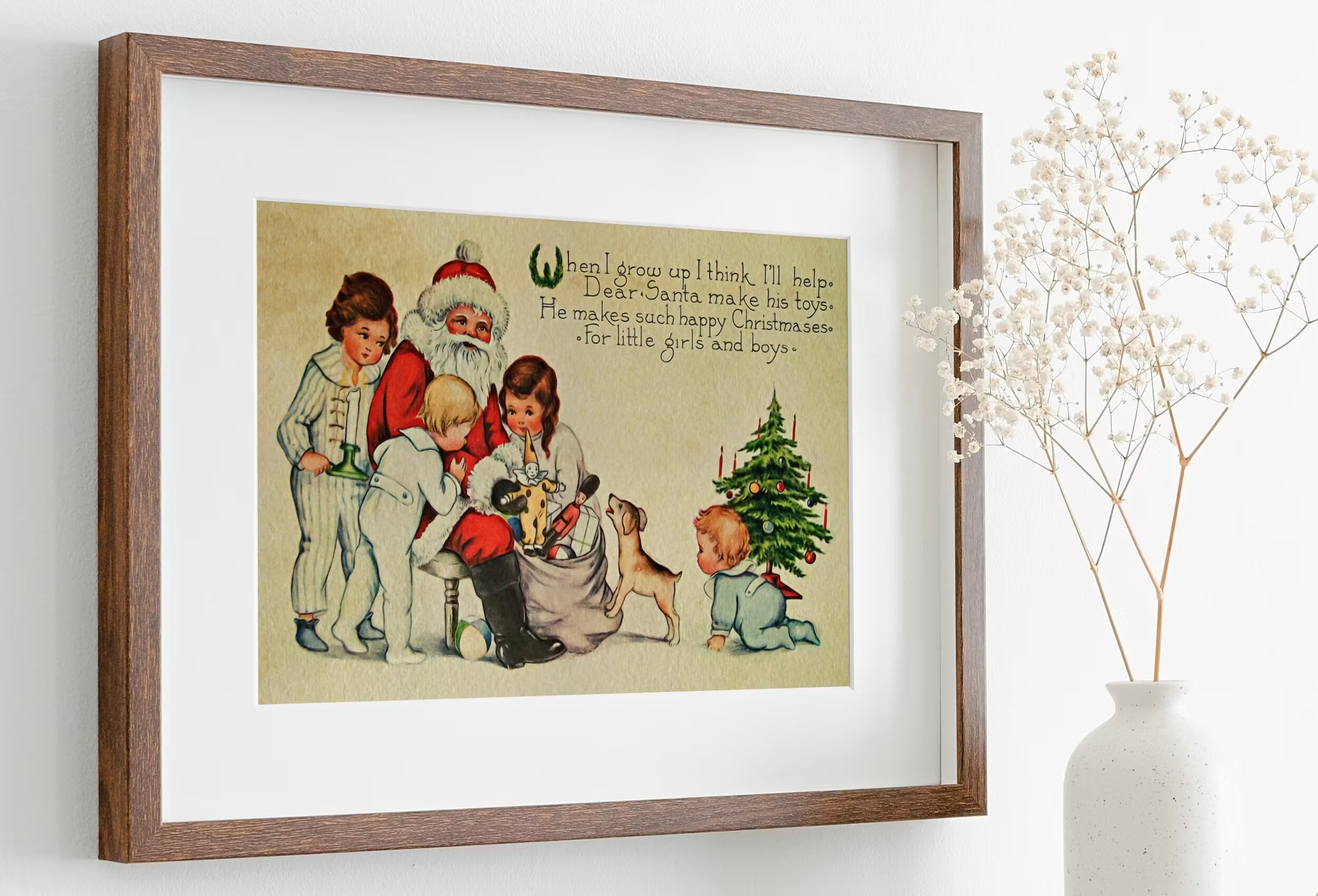 Vintage Christmas Card of Santa Claus and Kids Illustration