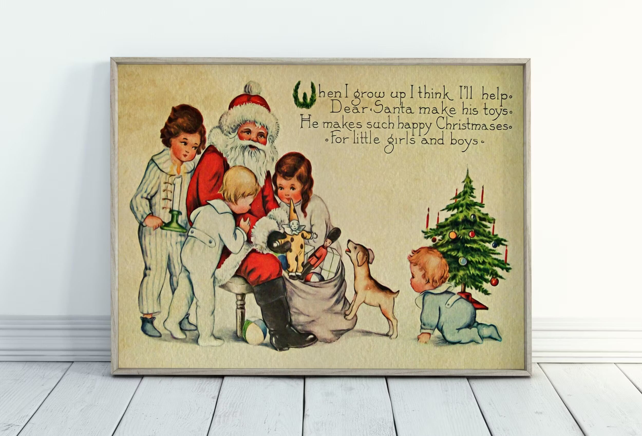 Vintage Christmas Card of Santa Claus and Kids Illustration