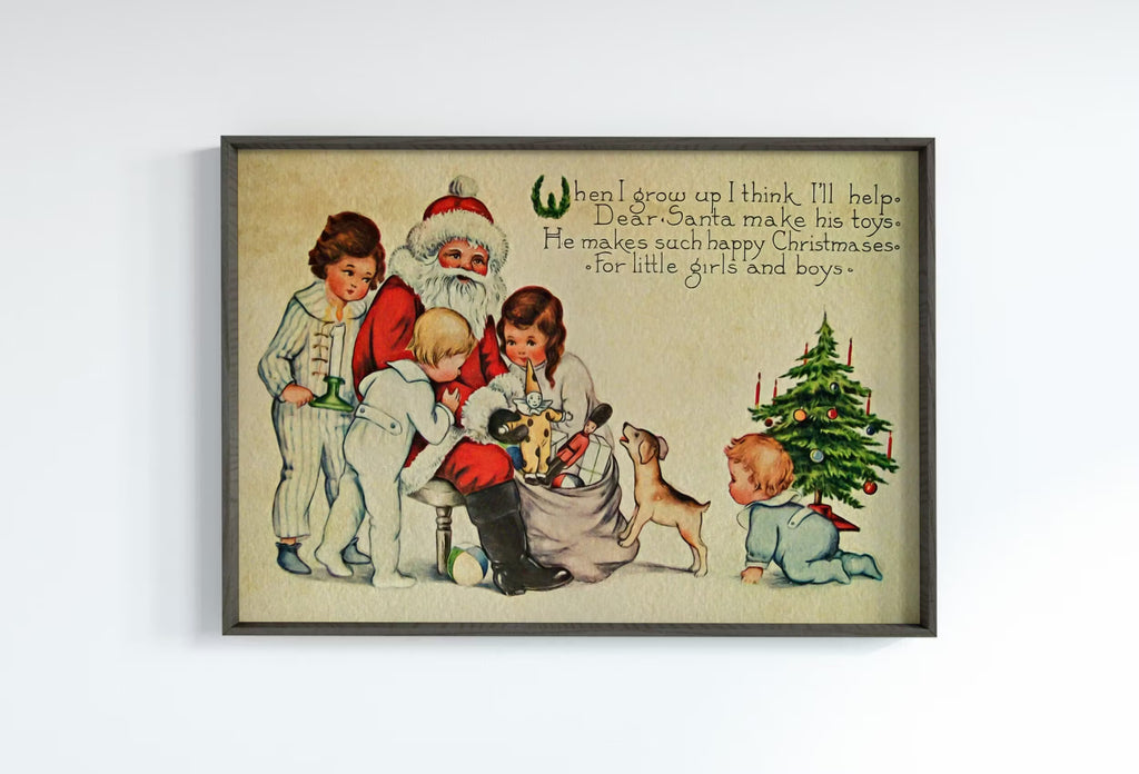 Vintage Christmas Card of Santa Claus and Kids Illustration