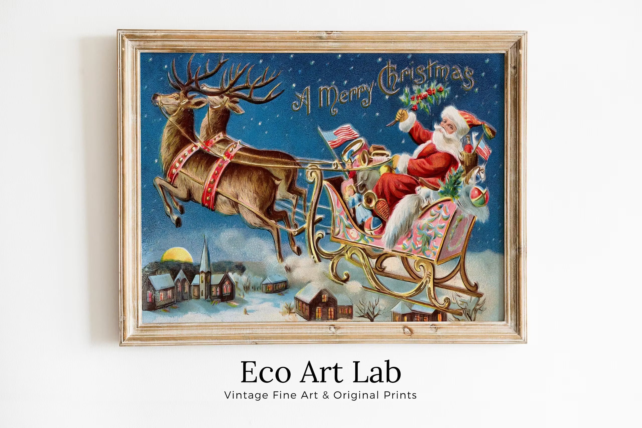 Vintage Santa Sleigh And Reindeer In Sky Art Print. Retro Christmas Card. Printable Wall Art. Instant Download Christmas Decor.