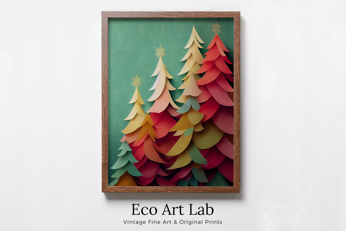 Pastel Colors Holiday Art. Paper Christmas Trees Print. Christmas Printable Holiday Decor. Christmas Poster