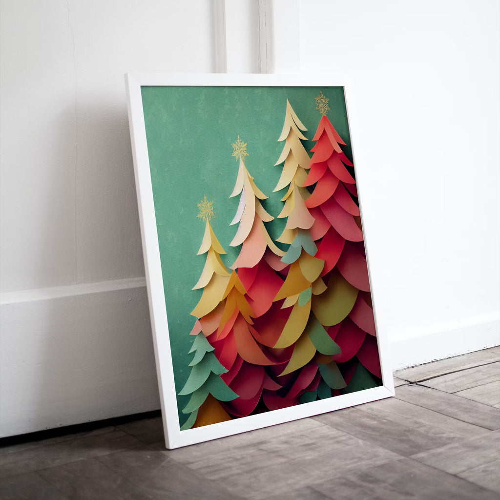 Pastel Colors Holiday Art. Paper Christmas Trees Print