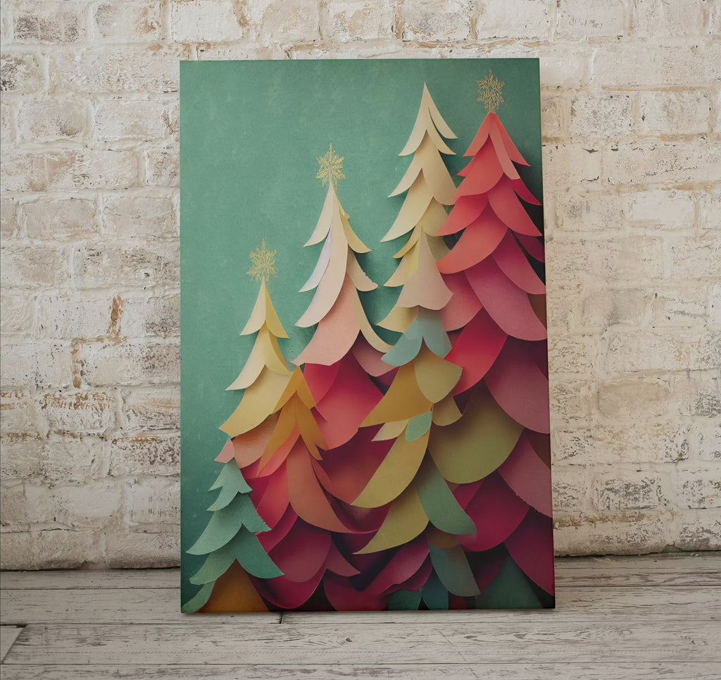 Pastel Colors Holiday Art. Paper Christmas Trees Print