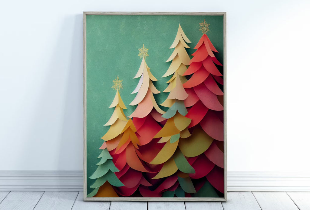 Pastel Colors Holiday Art. Paper Christmas Trees Print