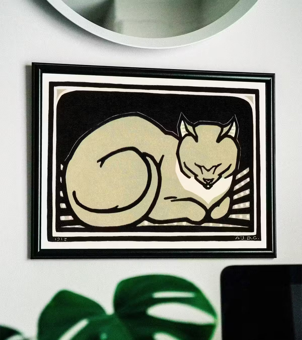 A Sleeping Cat Vintage Art Nouveau Print Wall Art. Instant Download Cat Poster Retro Julie De Graag Printable Wall Art.