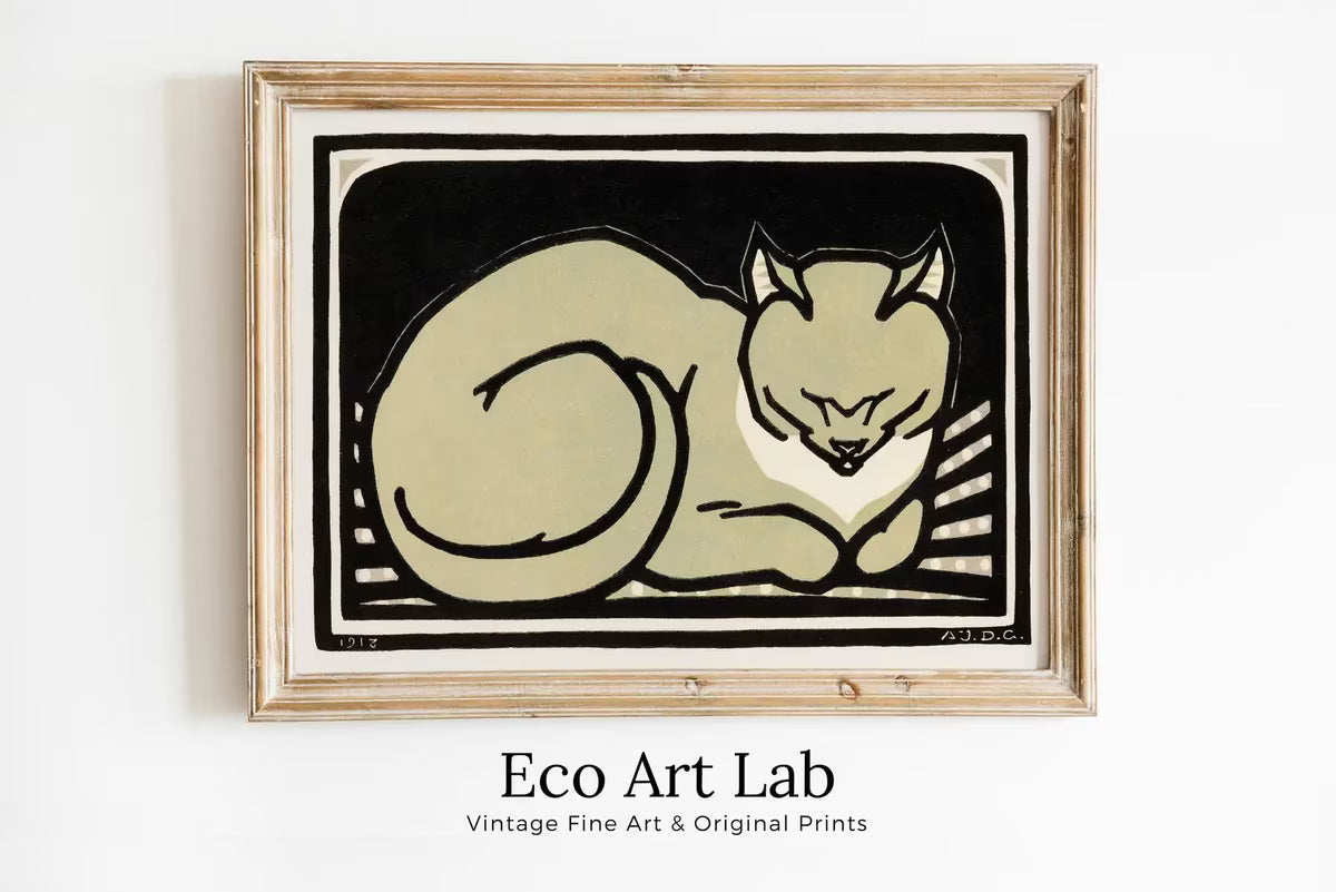 A Sleeping Cat Vintage Art Nouveau Print Wall Art. Instant Download Cat Poster Retro Julie De Graag Printable Wall Art.