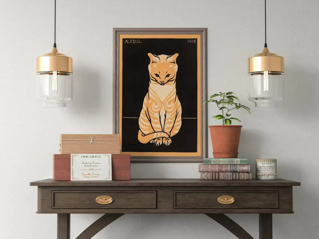A Vintage Sitting Cat Painting Art Nouveau Print Wall Art.