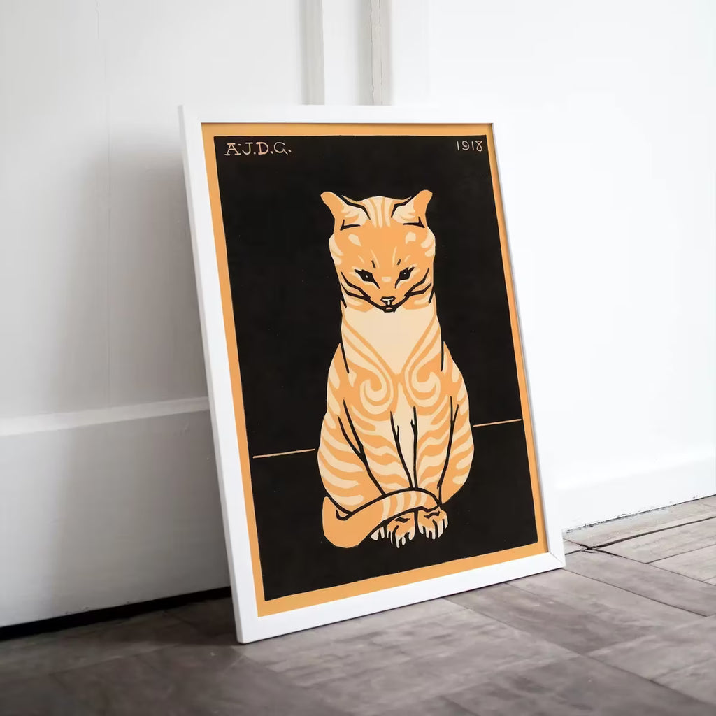 A Vintage Sitting Cat Painting Art Nouveau Print Wall Art.