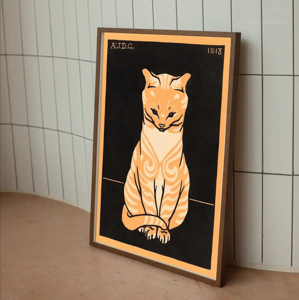 A Vintage Sitting Cat Painting Art Nouveau Print Wall Art.