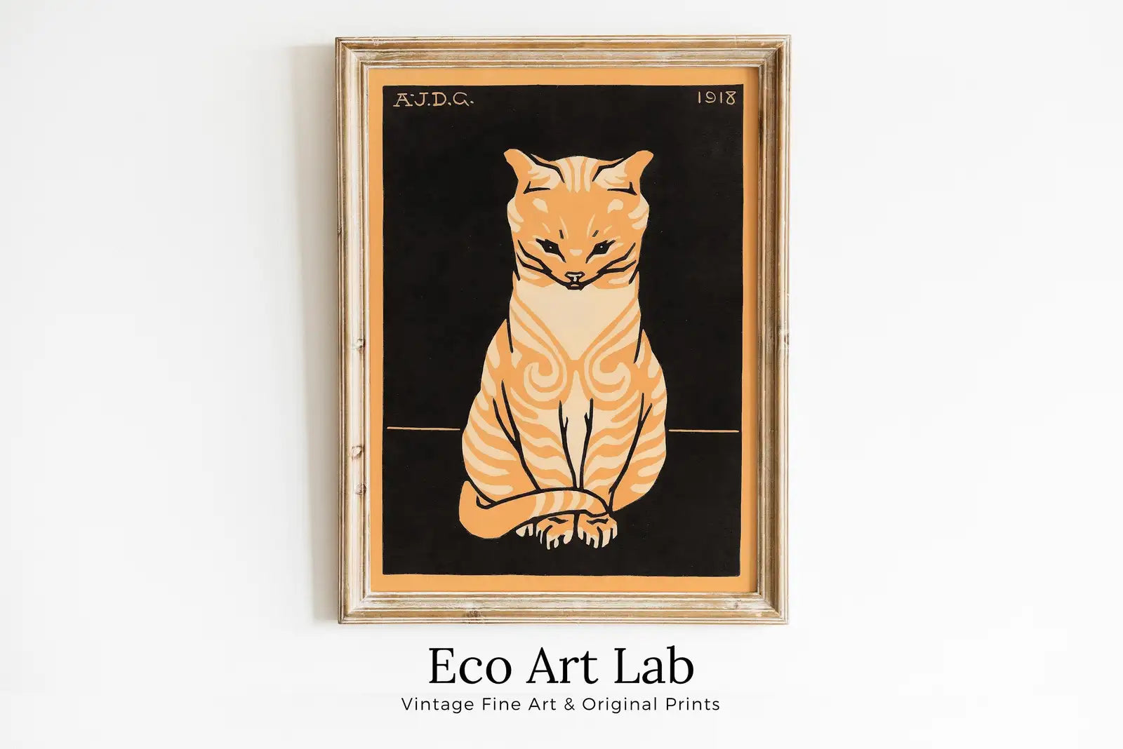 Framed view of A Vintage Sitting Cat Painting Art Nouveau Print Wall Art. – printable wall art digital download.