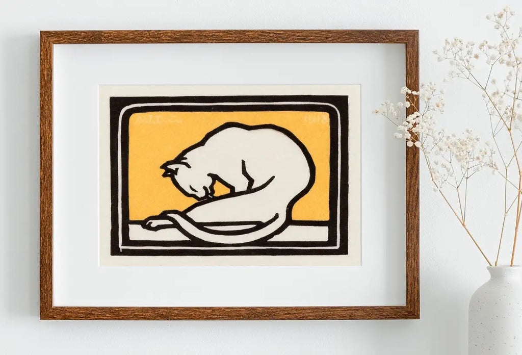 Detail view of artwork from A Waxing Cat Vintage Art Nouveau Print Wall Art. Instant Download Cat Painting Retro Julie De Graag Printable Wall Art. Art Nouveau Poster. (variation 2)