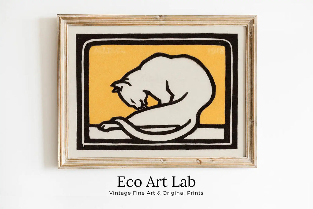 Framed view of A Waxing Cat Vintage Art Nouveau Print Wall Art. Instant Download Cat Painting Retro Julie De Graag Printable Wall Art. Art Nouveau Poster – printable wall art digital download.