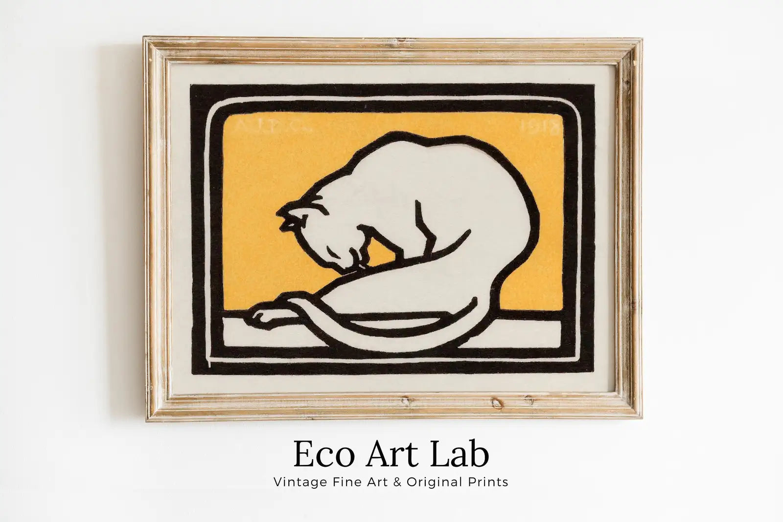 Framed view of A Waxing Cat Vintage Art Nouveau Print Wall Art. Instant Download Cat Painting Retro Julie De Graag Printable Wall Art. Art Nouveau Poster – printable wall art digital download.