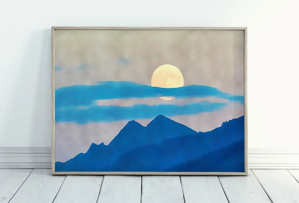 Abstract Blue Mountain & Moon Landscape Wall Art Print. Office Decor Poster. Instant Download Printable Wall Art. Abstract Landscape