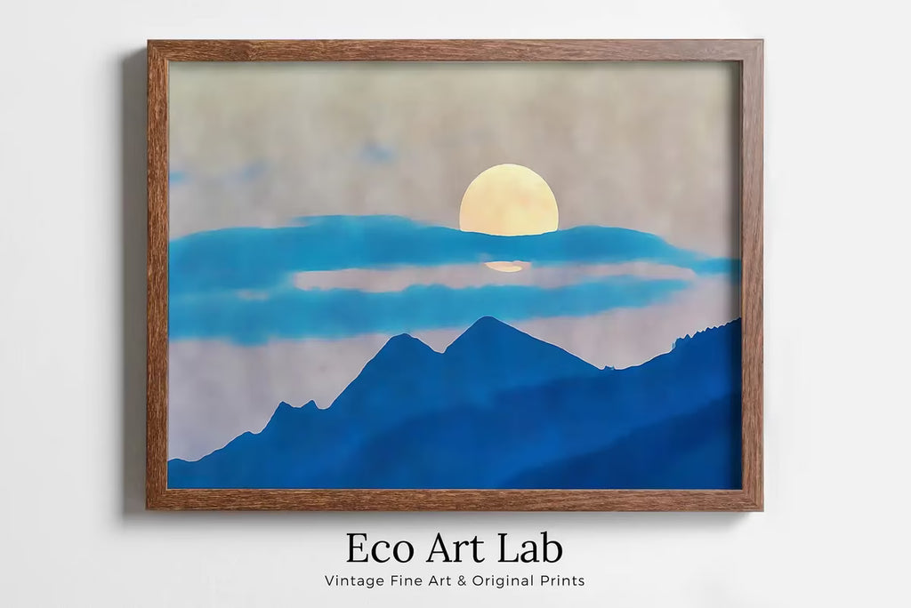 Abstract Blue Mountain & Moon Landscape Wall Art Print. Office Decor Poster. Instant Download Printable Wall Art. Abstract Landscape