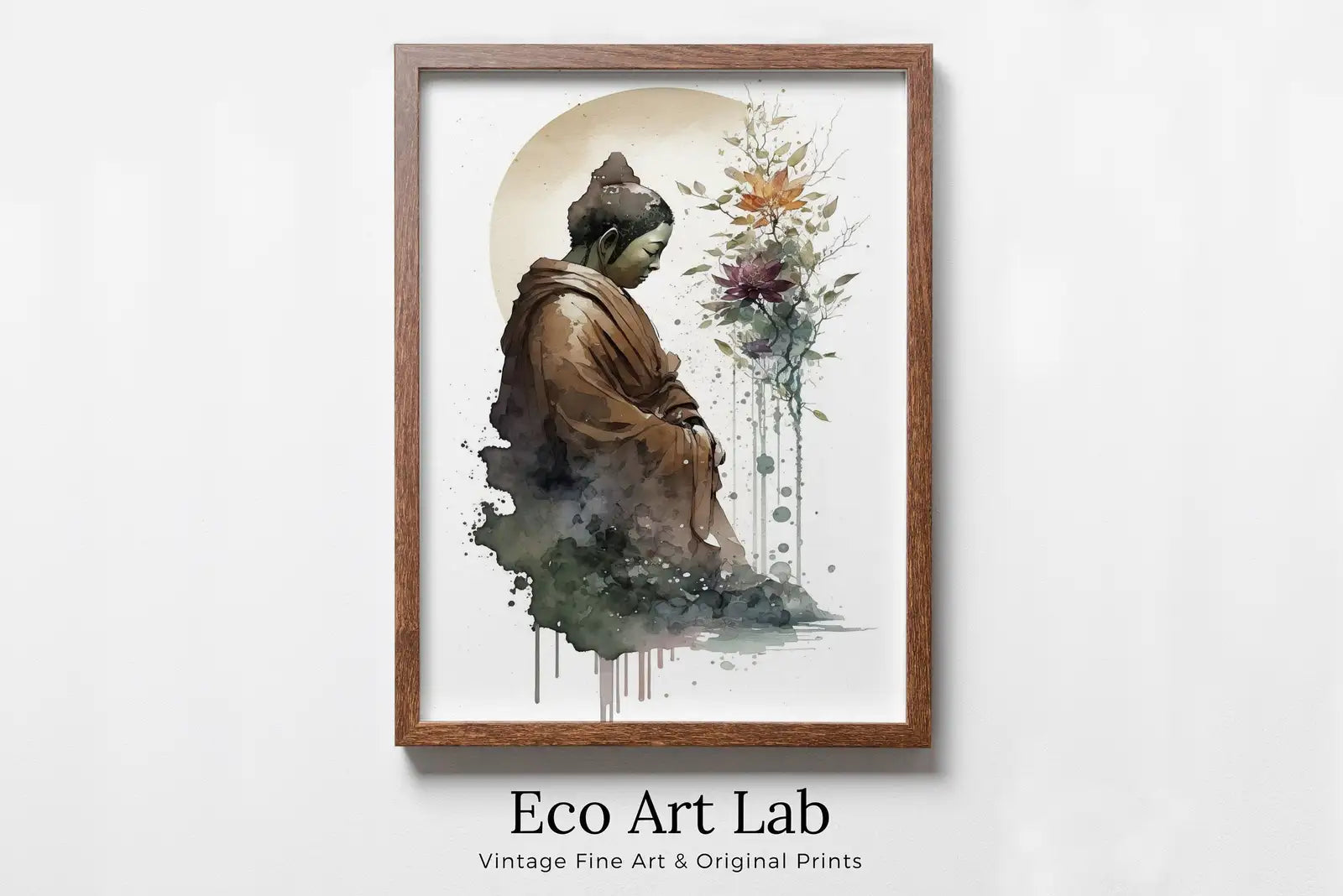 Framed view of Abstract Buddha & Moon Zen Wall Art. Printable Wall Art. Watercolor Print. Buddhism Art. Instant Download Spiritual Wall Art. Asian Wall Art – printable wall art digital download.