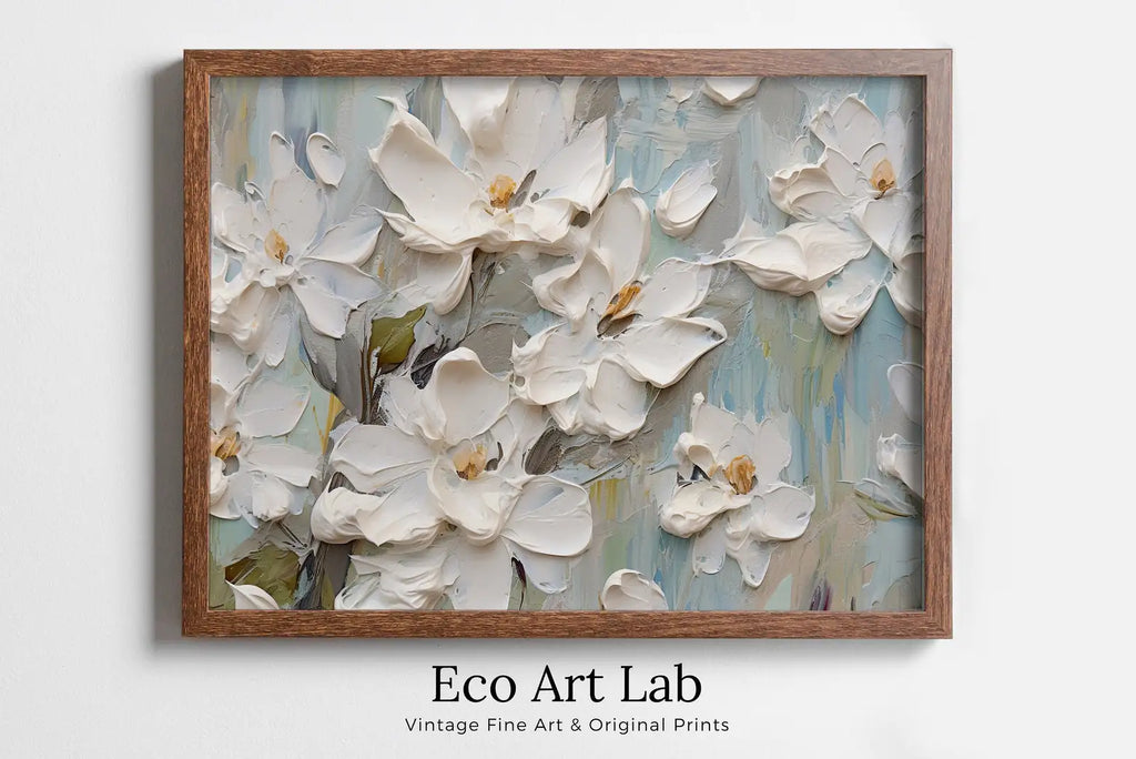 Framed view of Abstract Flowers Painting – printable wall art digital download. (variation 5)