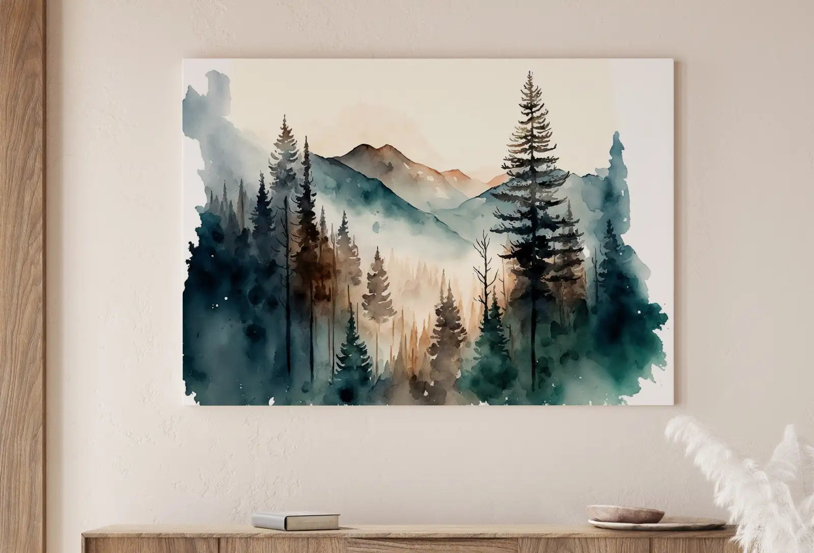 Detail view of artwork from Abstract Forest & Mountain Watercolor Painting. Colorful Forest Landscape. Printable Nature Art. Mountain Forest Art. Printable Wall Art. (variation 1)